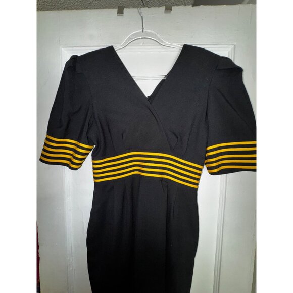 Black & Yellow Striped Vintage Dress With V-Neck & Short Sleeves Medium Eighties - Picture 3 of 6